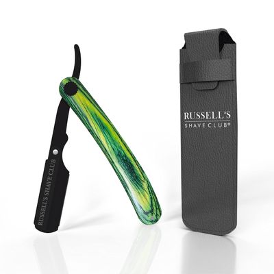 Russell's Shave Club Professional Straight Edge Cut Throat Razor - Travel Pouch Included (Green wooden handle)