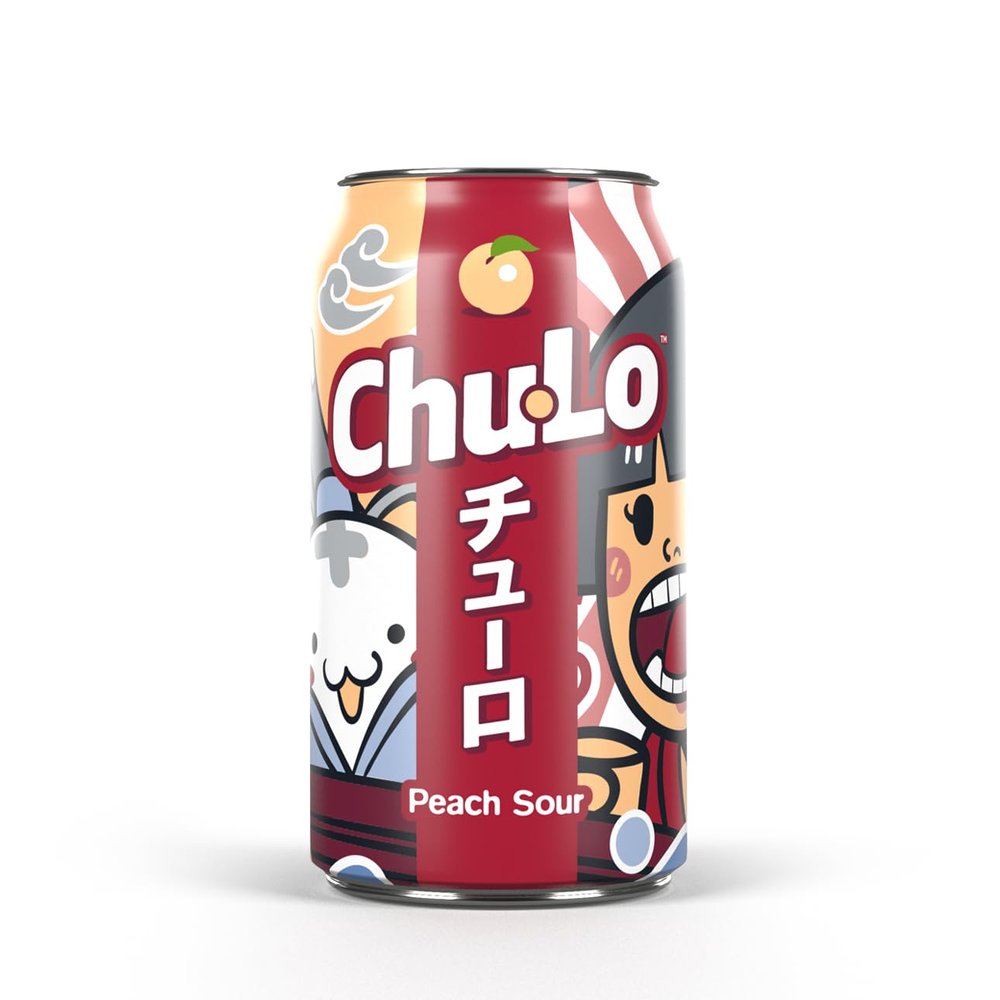 Chu Lo Peach Sour Cans 24 Pack, Japanese-Inspired Soda, Low Sugar Premium Soft Drink, Sour Fizzy Drink Peach Flavour, Vegan Friendly, Gluten Free, Made in the UK  24 Cans x 330 ml