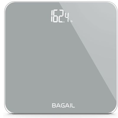 BAGAIL Bathroom Scale, Digital Weighing Scale with High Precision Sensors and Tempered Glass, Ultra Slim, Step-on Technology, Shine-Through Display - Grey
