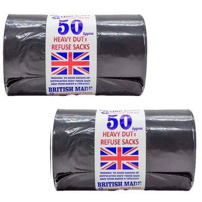 100 Heavy Duty Refuse Sacks Extra Strong Rubbish Bin Liner Waste Large Black Dustbin Bags Roll Everyday Use Tear Resistance Recycled 100L Capacity