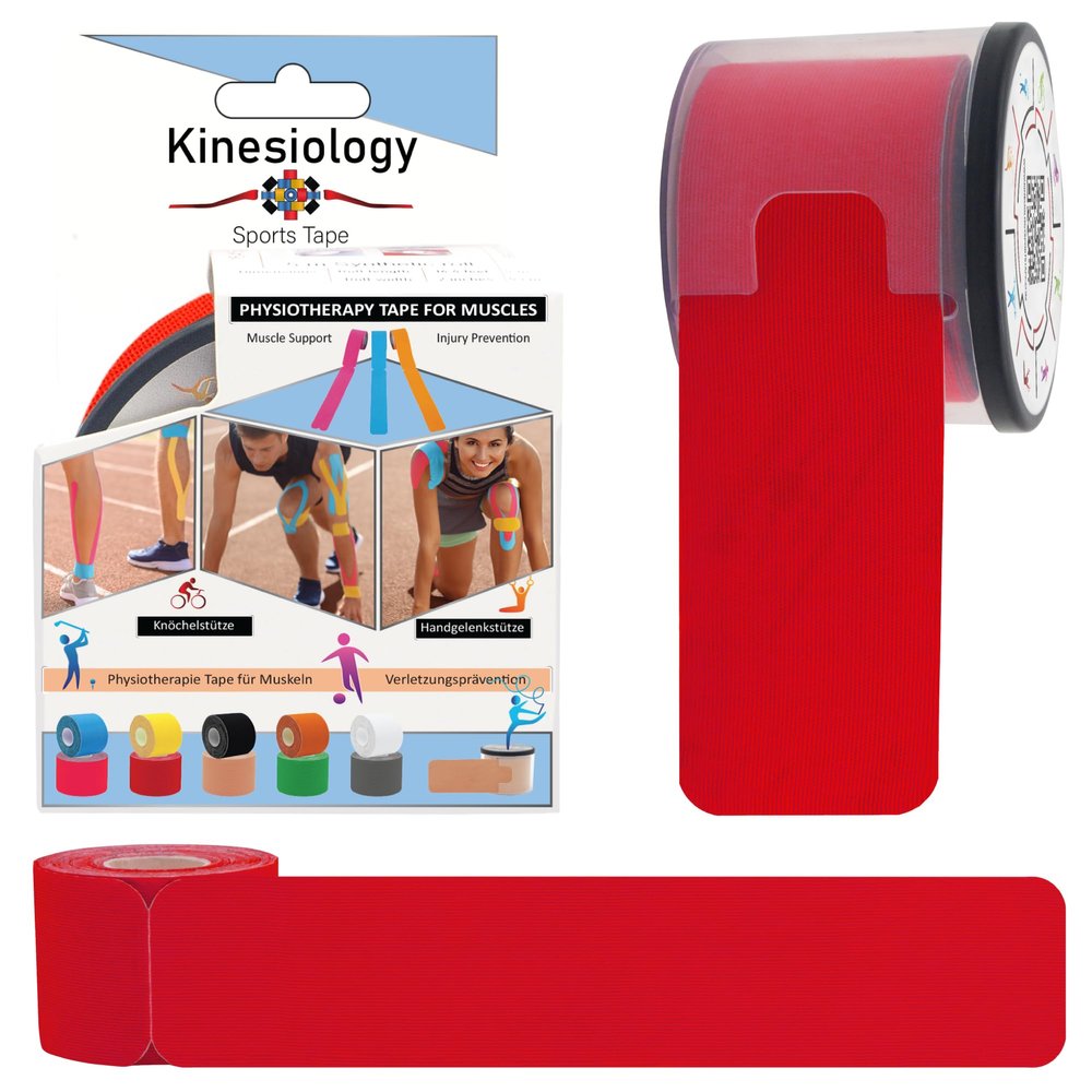 2 Pack Kinesiology Tapes Pre Cut with Dispenser - Synthetic Sports Muscle Tape - Red - 5m Pre-Cut 20 Strips - Physio Tape for Face, Neck, Shoulder, Back, Elbow, Wrist, Thigh, Knee, Calf & Ankle