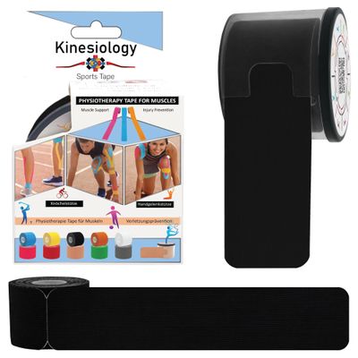 2 Pack Kinesiology Tapes Pre Cut with Dispenser - Synthetic Sports Muscle Tape - Black - 5m Pre-Cut 20 Strips - Physio Tape for Face, Neck, Shoulder, Back, Elbow, Wrist, Thigh, Knee, Calf & Ankle