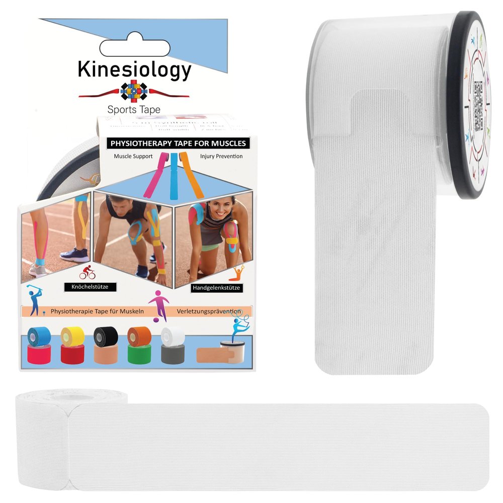 2 Pack Kinesiology Tapes Pre Cut with Dispenser - Synthetic Sports Muscle Tape - White - 5m Pre-Cut 20 Strips - Physio Tape for Face, Neck, Shoulder, Back, Elbow, Wrist, Thigh, Knee, Calf & Ankle