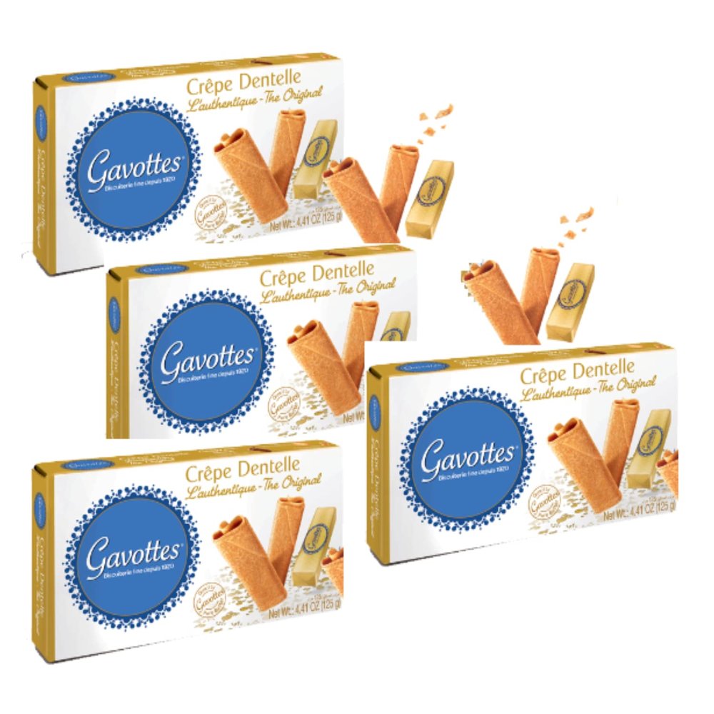 FBM | Gavottes Crepe Dentelle Authentic Original Local Production | Original Breton Pancakes | Rolled Crispy Cookies - 4 x 125 Grams | Ready Crepes