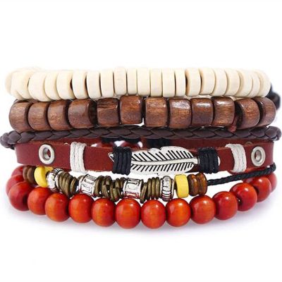 WKXCTS bracelet Fashion Leather Anchor Bracelets & Bangle Men 3/4 Pcs 1 Set Multilayer Bead Wristband Vintage Handmade Bracelet leather (Metal Color : H2490)
