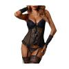 MARMODAY Women's 4 Pcs Lace Lingerie Babydoll Boudoir Outfits with Gloves, G-String, and Matching Stockings (Black, XXL) view 1