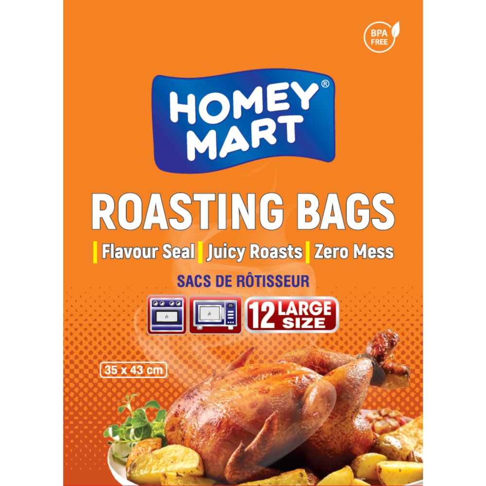 12 x Roasting Bags Flavour Seal, Juicy Roasts, no fuss, Suitable for Ovens and Microwaves Cooking, Roasting Chicken, Meat, Fish, Turkey & Vegetables - Large Oven Bags with Ties  35 cm x 43 cm