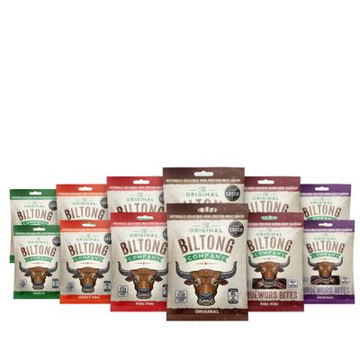 Biltong & Droewors Bites Taste Box. Biltong flavours, Original, Smoky BBQ, Piri Piri & Garlic. Droewors flavours, Original & Piri Piri. High Protein, Low Fat, Gluten & Nitrate Free. (12 x 30g)