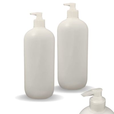 1 Litre Empty Refillable Plastic Bottle with Pump Lock Dispenser for Oil + Gels + Lotions - 1L HDPE Food Grade Plastic + Leak Proof + Lightweight + Durable + Refillable - for Massage + Salons (2 Pack)