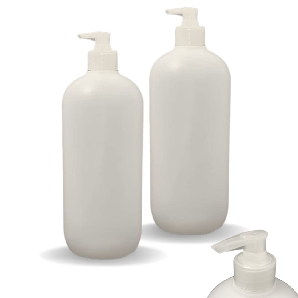1 Litre Empty Refillable Plastic Bottle with Pump Lock Dispenser for Oil + Gels + Lotions - 1L HDPE Food Grade Plastic + Leak Proof + Lightweight + Durable + Refillable - for Massage + Salons (2 Pack)