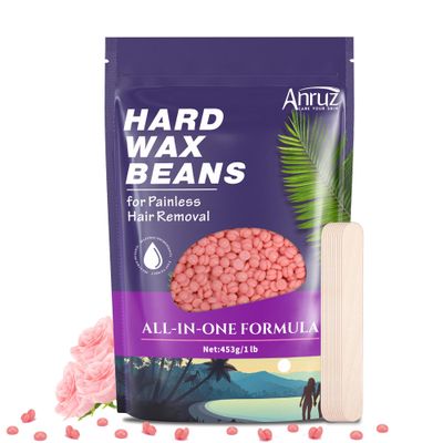 ANRUZ Hard Wax Beads for Sensitive Skin - 453g Hair Removal With 10 Applicators - Rose Beads for Armpit, Brazilian, Bikini & Leg Coarse Hair At Home Waxing Set