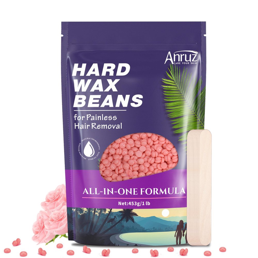 ANRUZ Hard Wax Beads for Sensitive Skin - 453g Hair Removal With 10 Applicators - Rose Beads for Armpit, Brazilian, Bikini & Leg Coarse Hair At Home Waxing Set