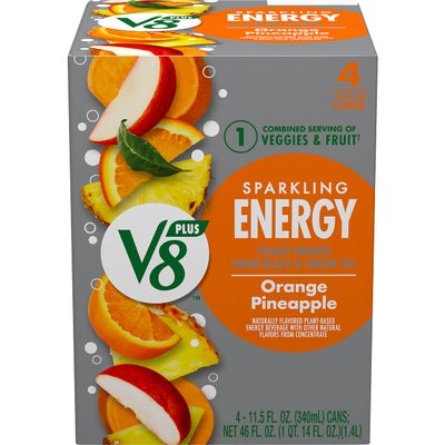 V8 +SPARKLING ENERGY Orange Pineapple Energy Drink, Made with Real Vegetable and Fruit Juices, 11.5 Ounce Can (4 Count)