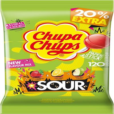 Chupa Chups Sour Lollipop Bulk Bag, 3 Flavours Of Party Sweets With Natural Colourings, Suitable for Vegetarians - 120 Lollies