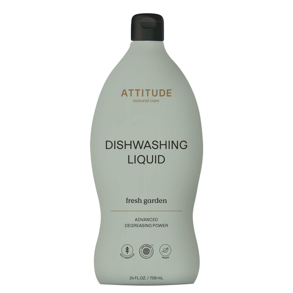 ATTITUDE Washing Up Liquid, Cuts Grease & Removes Food Residue, Gentle on Hands, Plant-Based Cleaning Liquid, Vegan Dish Soap, Fresh Garden, 709 mL