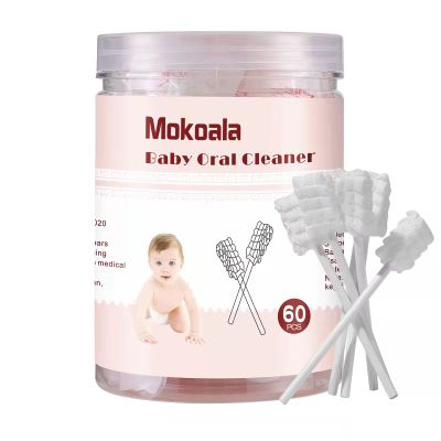 Mokoala Baby Tongue Cleaner, Infant Oral Cleaner, 60pcs Disposable, Soft Cotton Gauze, 360 Cleaning, Flexible Handle, White