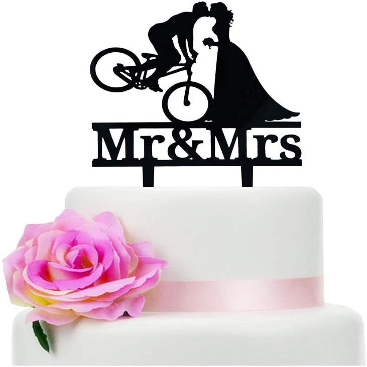 Bicycle Kissing Bride and Groom Wedding Cake Topper, Black Acrylic Mr & Mrs Wedding Cake Topper, Funny Wedding Cake Topper, Bridal Shower Cake Topper