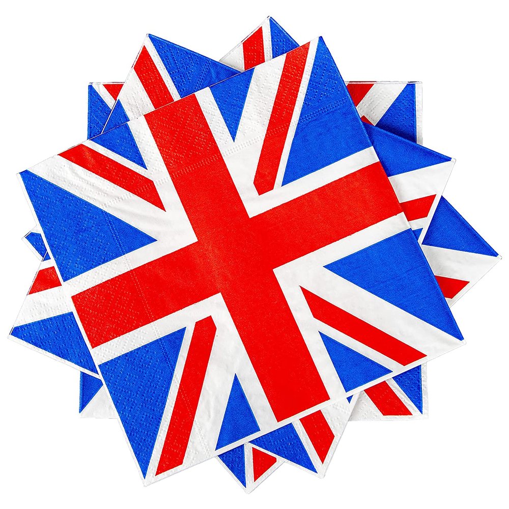 100-Pack Decorative Disposable Paper Party Napkins with Union Jack Design UK Flag 16.5 x 16.5 cm