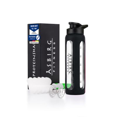 Asbirg Glass Protein Shaker Bottle 700ml  Leakproof & BPA-Free  Borosilicate Glass Gym Shaker with Spiral Mixing Ball for Smooth Protein Shakes, Smoothies, Meal Replacement & Fitness - Black