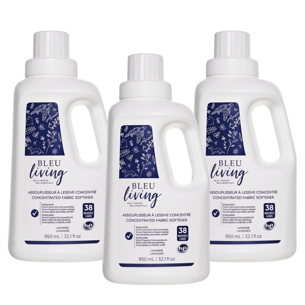 Bleu Lavande - 3-Pack Natural Fabric Softener  Concentrated Lavender Liquid Softener - Biodegradable, Eco-friendly, Hypoallergenic - Chloride & Phosphate-free - Aromatherapy - (38 loads-950 ml)x3
