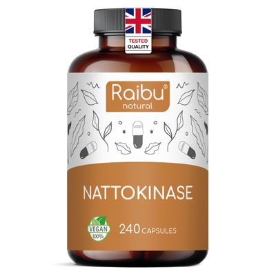 Nattokinase 2,000 FU per Capsule - High-Strength 240 Nattokinase Capsules from Fermented Natto Soybeans - 8 Months Supply - Non-GMO, Natural & Vegan- Laboratory Tested - Raibu