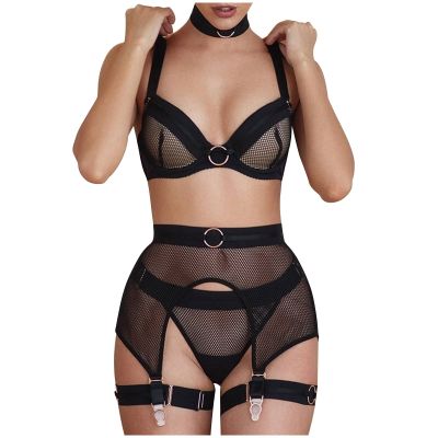 UIVHLW Chemises & Negligees Lace See Through Mesh Steel Ring 3Pcs Womens Underwear Costumes