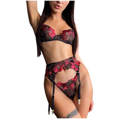 UIVHLW Chemises & Negligees Transparent Lace Floral Embroidered Women's Underwear with Steel Ring
