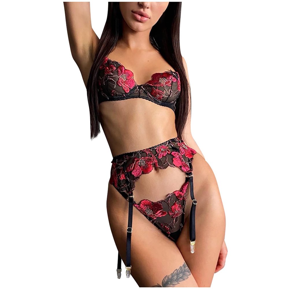 UIVHLW Chemises & Negligees Transparent Lace Floral Embroidered Women's Underwear with Steel Ring