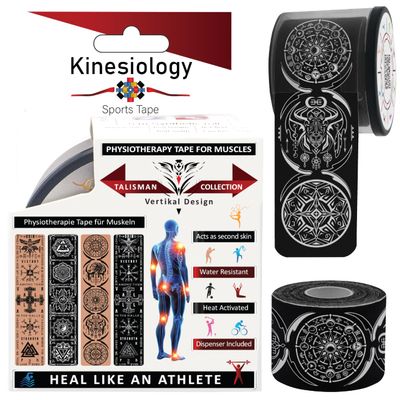 2 Pack Kinesiology Tape Pre Cut with Dispenser  Dreamcatcher Vertical Sports Muscle Tape - Synthetic Black 5m - 20 Strips - Physiotherapy Tape for Face, Back, Elbow, Knee & Ankle