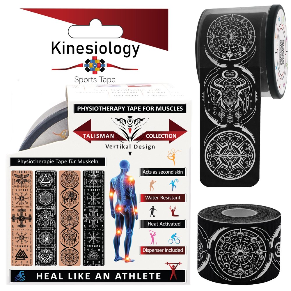 2 Pack Kinesiology Tape Pre Cut with Dispenser Dreamcatcher Vertical Sports Muscle Tape - Synthetic Black 5m - 20 Strips - Physiotherapy Tape for Face, Back, Elbow, Knee & Ankle