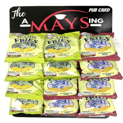 British Food Shop Smiths Bacon Scampi Fries Bar Snacks on 'The AMaysing' Pub Hanging Card, 12 Count (Pack of 1)