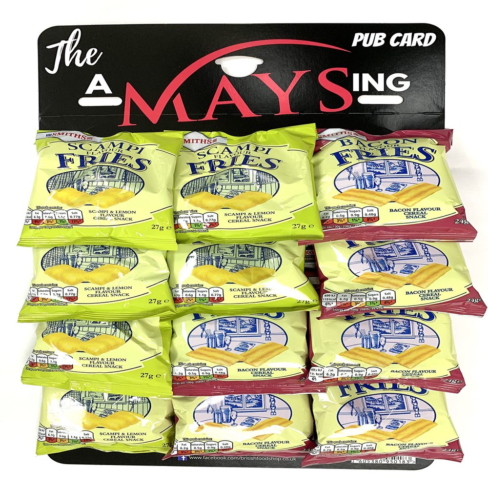 British Food Shop Smiths Bacon Scampi Fries Bar Snacks on 'The AMaysing' Pub Hanging Card, 12 Count (Pack of 1)