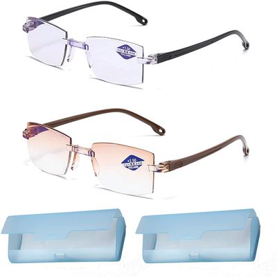 2pcs New Diamond-Cut Bifocal Progressive and Anti-Blue Eyewear Ultralight Reading Glasses, Anti-Blue Progressive Far and Near Dual-use Reading Glasses (+3.50/ (65-70))