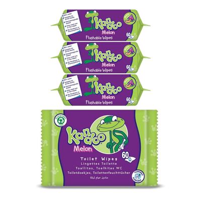 Kandoo Melon Flushable Moist Toilet Wipes, 4 x 60 Wipes (Total 240 ), Biodegradable and Plastic Free, Wet Toilet Tissues for Toddlers, Melon Scented, Multipack