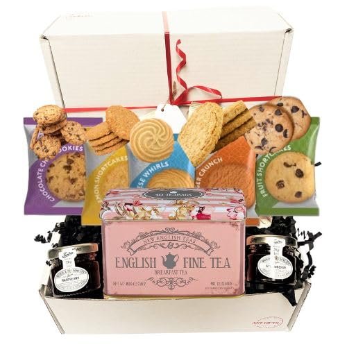Tea Gift Set Hamper, includes Buttery Biscuits, Strawberry and Raspberry Jam Gift Set An English Afternoon Box for Tea Lovers Mothers Day
