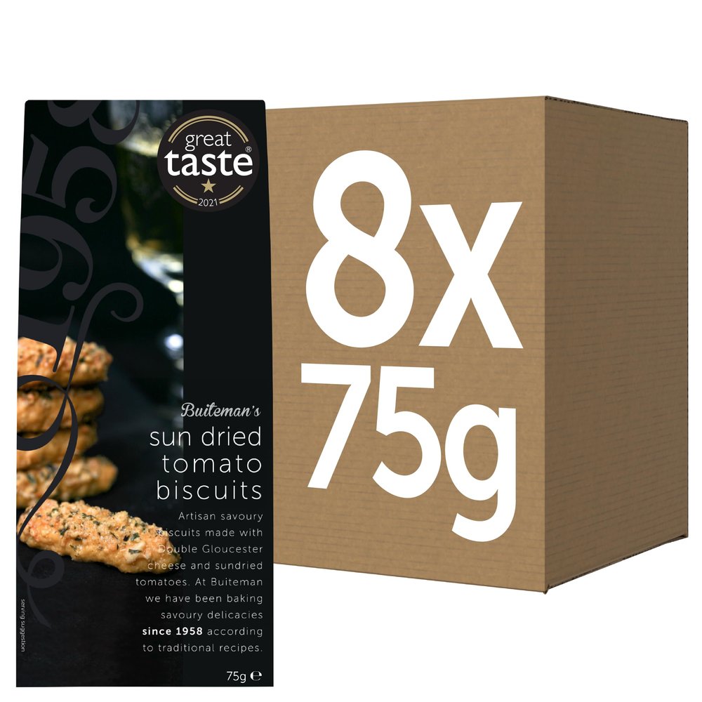 Buiteman Sun-Dried Tomato and Cheese Biscuits Pack of 8  75g  Luxury Savoury Snacks in Black Gift Boxes  Gourmet Baked Crackers  Perfect for Gifting, Entertaining & Wine Pairing