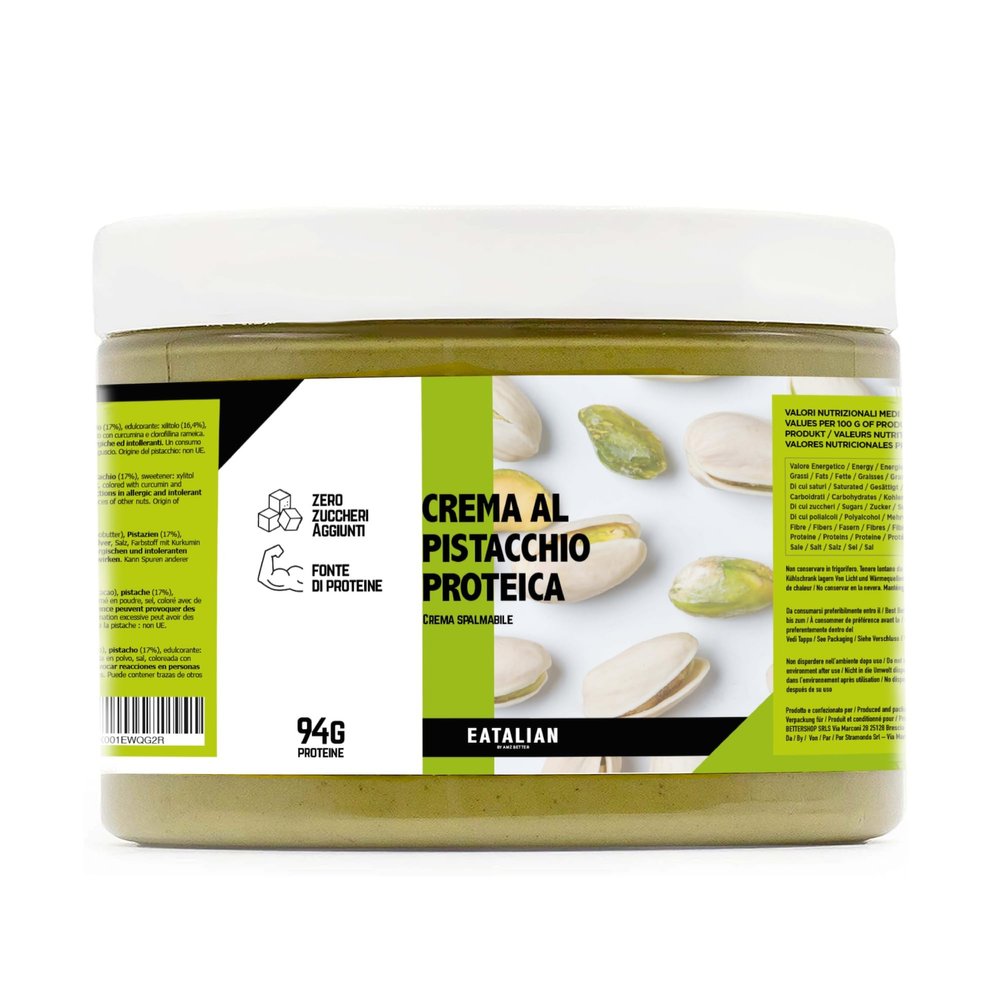 EATALIAN by AMZ BETTER Protein Pistachio Cream, Delicious Spreadable Cream with a Sweet and Unique Taste, with 94 g of Protein, Ideal on Bread, Excellent for Dubai Chocolate, 500 gr Made in Italy