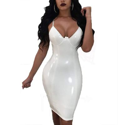 VCXZ Women Latex Catsuit Bodycon Dress Sexy Bodycon Lingerie Faux Leather Bandage,White,XXL