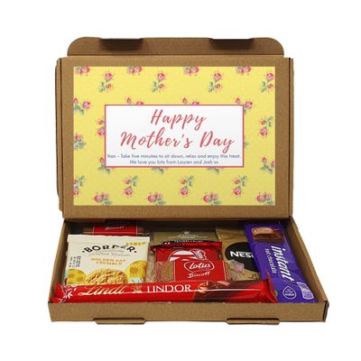Personalised Mother's Day Tea Treat Box Drink Hamper Biscuits, Take a break, Cheer up, Pick me up, Afternoon tea, hamper gift, gift for Mum - Hug in a box - For a special person (Yellow Mixed Drinks)