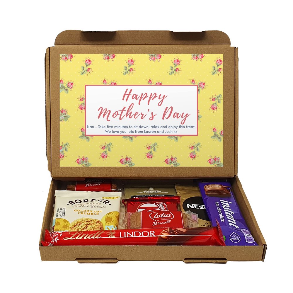 Personalised Mother's Day Tea Treat Box Drink Hamper Biscuits, Take a break, Cheer up, Pick me up, Afternoon tea, hamper gift, gift for Mum - Hug in a box - For a special person (Yellow Mixed Drinks)