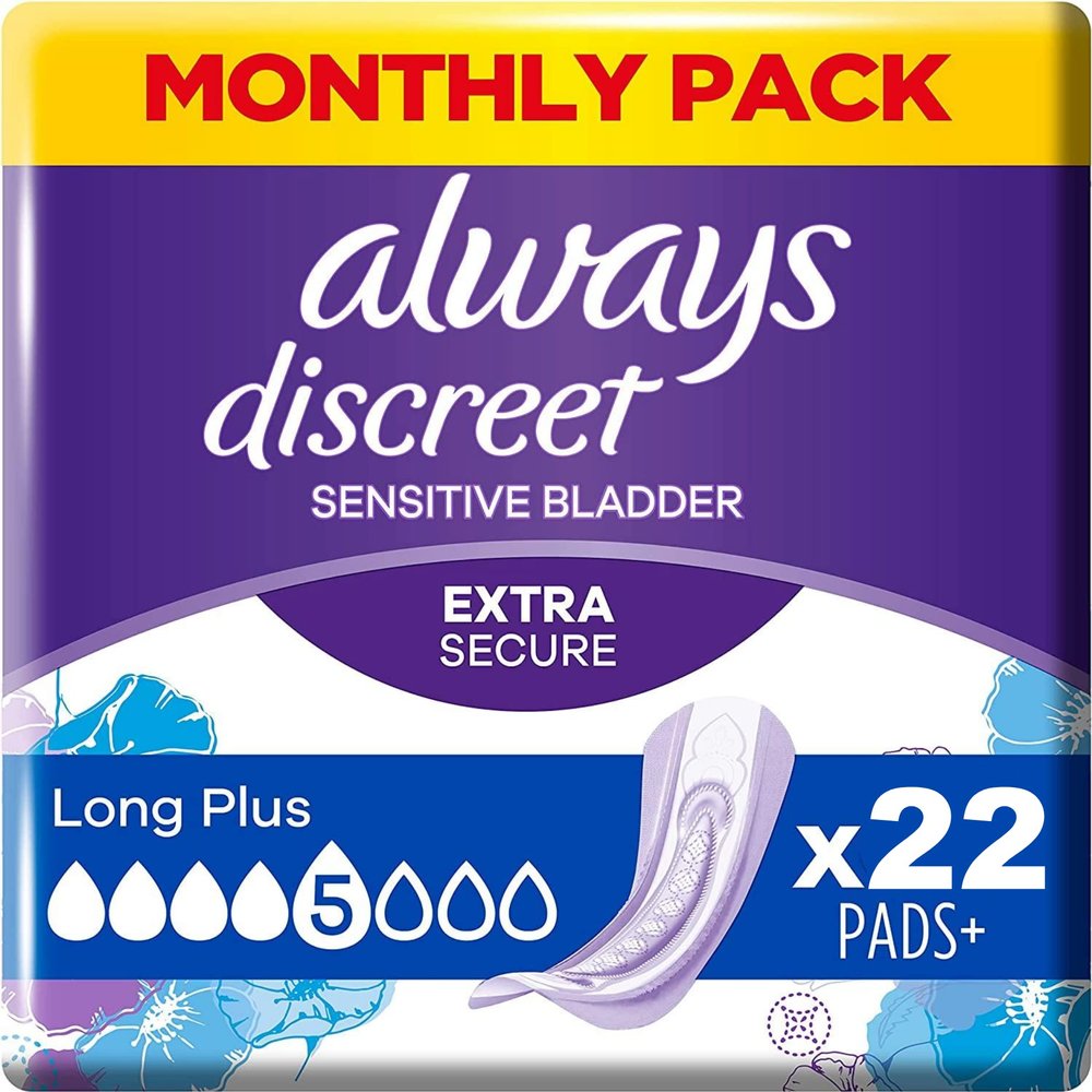 Always Discreet Women's Long Plus Incontinence Pads (22 Pads) Mega Pack, Strong Protection You Barely Feel