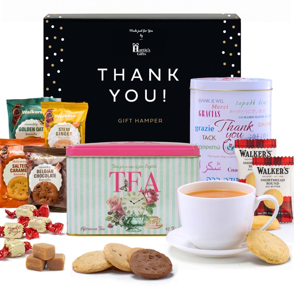 Hatties Gifts Thank You Gifts for Women & Men  Tea and Biscuits Gift Set Thank You Hamper for Teachers, Colleagues, Friends & Loved Ones  Includes Vanilla Fudge & Shortbread Assorted
