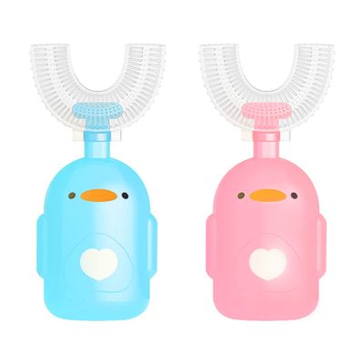 HanTong 2 Packs Kids U Shaped Toothbrush Whole Mouth with Silicone Bristles Massage Childrens Tooth Brush, 360 All-Round Oral Cleaning, U-Shaped Training Toothbrushes for Toddler Baby(Pink and Blue)