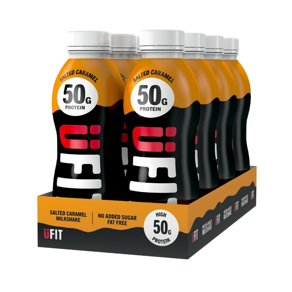 UFIT High 50g Protein Shake - Salted Caramel Flavour- No Added Sugar - Low in Fat - Ready to Drink - Pack of 8 x 500 ml (Packaging May Vary)