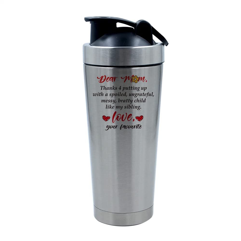 Getagift 500ml Aluminium Shaker Bottle for Supplement Shakes - Easy Clean, Durable Cup Mothers Day Dear Mom, Thanks 4 Putting Up With a Spoiled Child Birthday. (Silver)
