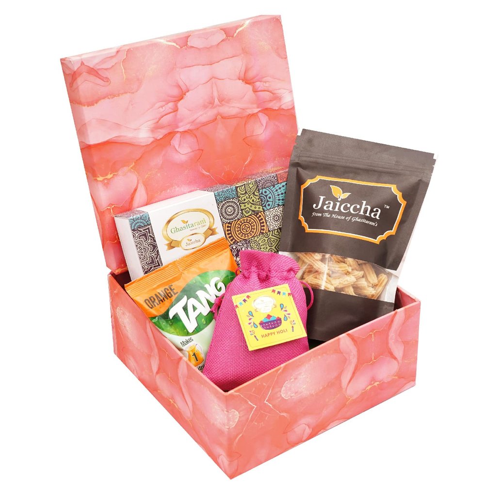Ghasitaram Gifts Jaiccha Holi - Sweets/Holi Hampers/Thandai Colourful Holi Box of Desi Ghee Gujiyas, Butter Chakli, and Thandai