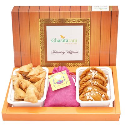 Assorted Box of Gujiyas, Farsan Samosa and Thandai