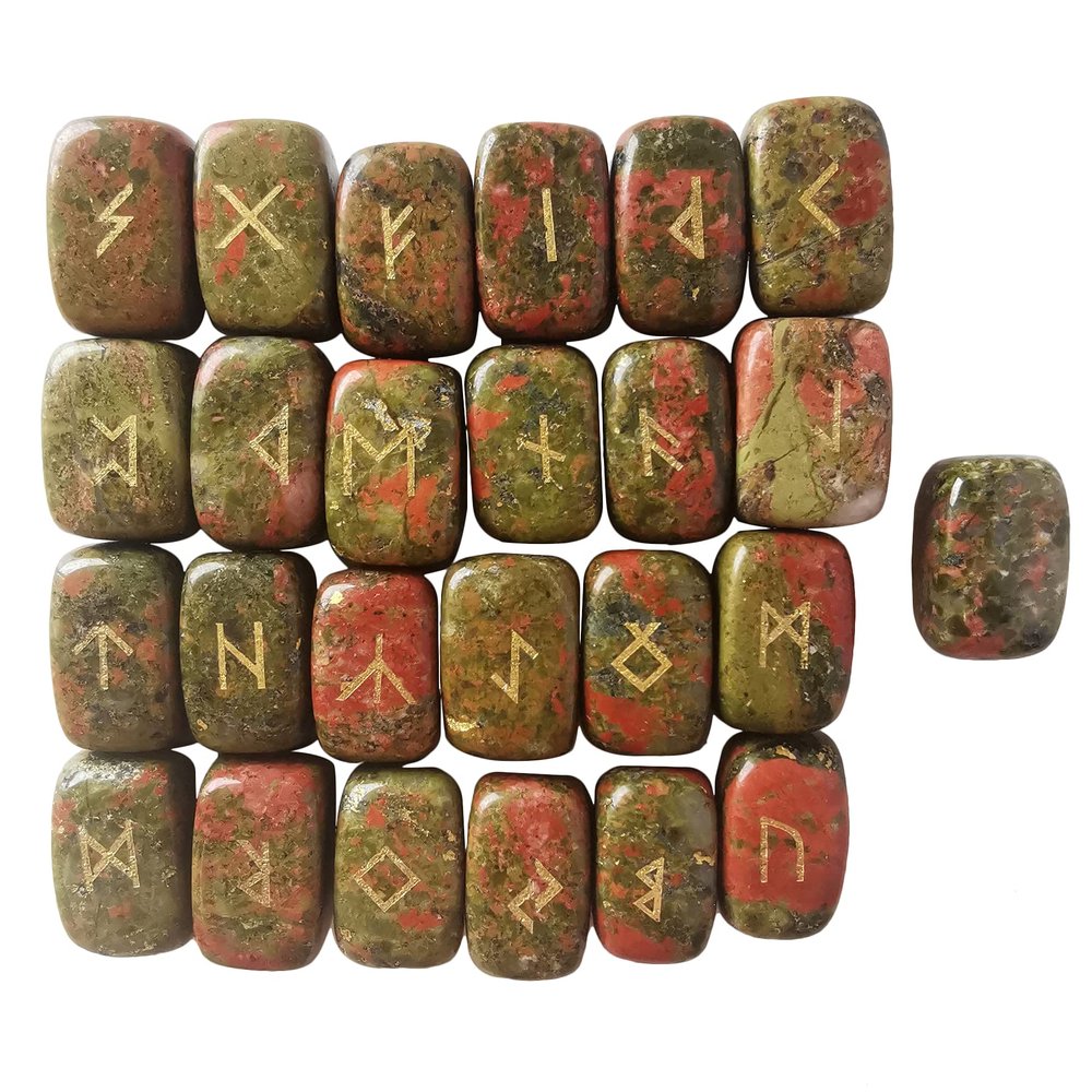 Lovionus89 Natural Rune Stones Set, Polished Engraved Elder Futhark Alphabet Magic Lettering Crystal for Meditation Divination Healing Chakra,Unakite
