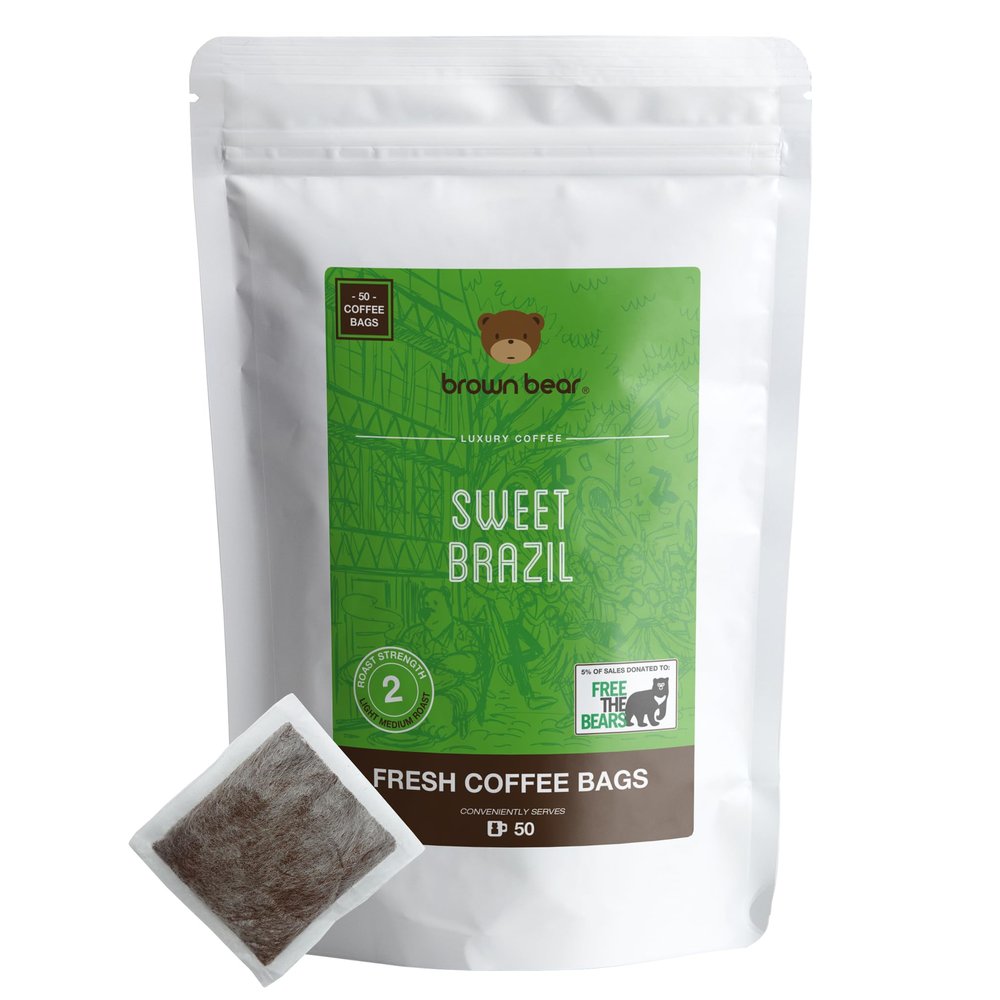 Brazilian Coffee Bags - Pack of 50 - Medium Roast - Brown Bear Sweet Brazil Blend - Strength 3 - Donation to Free The Bears - Individual Arabica Ground Coffee Bags Like Tea Bags