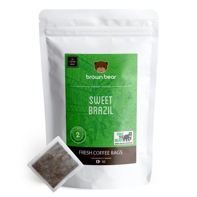 Brazilian Coffee Bags - Pack of 50 - Medium Roast - Brown Bear Sweet Brazil Blend - Strength 3 - Donation to Free The Bears - Individual Arabica Ground Coffee Bags Like Tea Bags